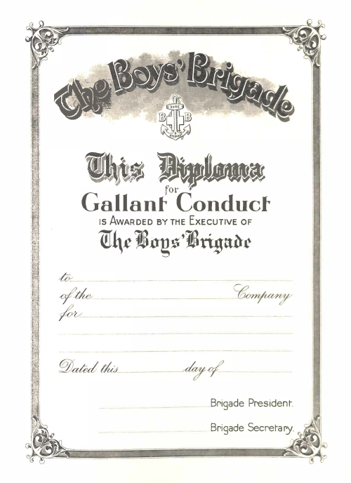 Diploma for Gallant Conduct Boys' Brigade Gallant Conduct